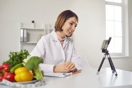 Dietitian, nutritionist, healthy diet expert sitting at desk with raw vegetables and cellphone in clinic, sharing health advice on medical vlog or video calling patient and giving online consultationの写真素材