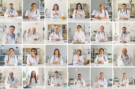 Lots of different medical workers webcam portraits. Happy smiling multiethnic doctors waving hand, greeting each other in online work meeting. Laptop computer screen view, video call headshot collageの写真素材