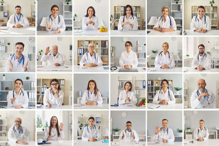 Lots of different medical workers webcam portraits. Happy smiling multiethnic doctors waving hand, greeting each other in online work meeting. Laptop computer screen view, video call headshot collage