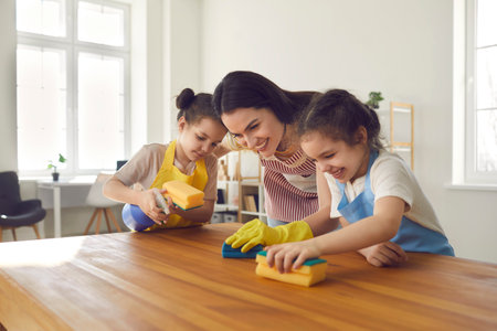 Loving twin sisters help their caring mother wash the kitchen table and clean the house. Family in...