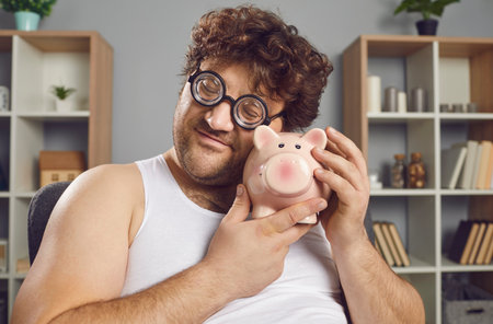 Happy, funny, weird young man with curly hair in hilarious round thick lens glasses holding piggy bank, hugging it tenderly and smiling. Saving up and love of money humor conceptの写真素材