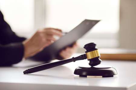 Justice and authority, judgement and legal sentence, prosecution or punishment. Judicial mallet on...