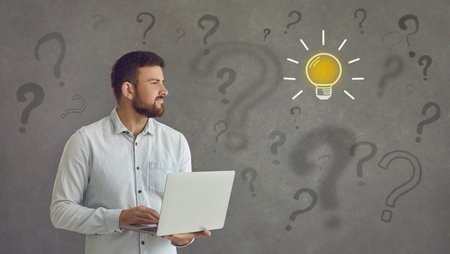 Pensive confuse intelligent business app programmer, student entrepreneur searches information,...