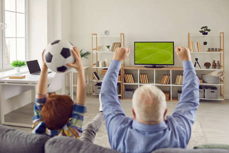 Both old and young people love football. Granddad and grandchild sitting on sofa at home, watching final soccer match on plasma TV, supporting favorite team, celebrating scoring goal and shoutingの写真素材