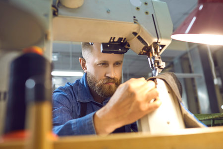 Portrait serious male worker making shoes in factory workshop. Concentrated man sewing and looking at needle sitting at table with sewing machine. Footwear and clothes manufacturing industry conceptの写真素材