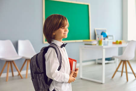 Back to school.Happy schoolboy with backpack smiling in class. Learning education lessons parenting caring lectures at school.の写真素材
