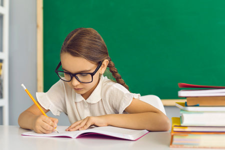 Attentive diligent student taking notes in class. Focused serious little school girl in eyeglasses...