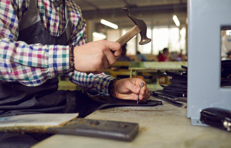 Shoe factory worker using special tools. Cropped shot of man sitting at workshop table and using...