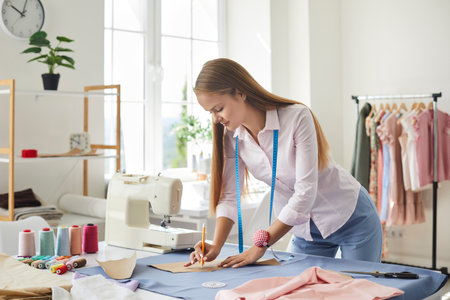 Seamstress at work. Dressmaker making clothes in modern studio. Tailor holding pencil and marking...