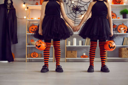 Children dressed up for Halloween. Kids in costumes go trick or treating with orange pumpkin baskets. Two cute girls in black tulle skirts and striped witch stockings holding hands, low section shotの写真素材