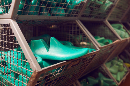 Lots of shoe lasts at shoe making factory. Closeup shot of green plastic shoe lasts in container at...