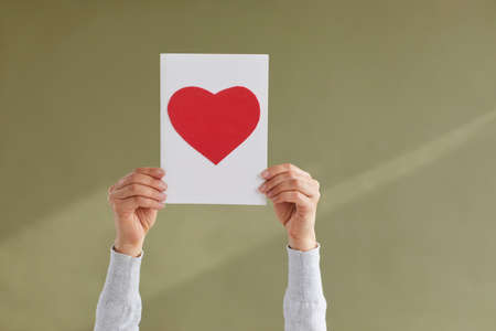 Close up of person hold paper sheet with red heart painted show love and care. Woman demonstrate...