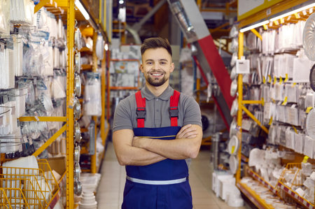 Caucasian consultant in uniform at hardware store. Male standing next to shelves with tools at DIY store. Handsome bearded guy is ready to help customers to choose tools for different home repairs