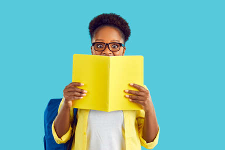 Happy cheerful smart Afro American high school, college or university student girl in eyeglasses...