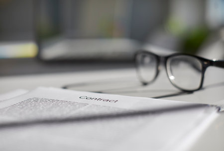 Paper documents lying on a desk in the office. Insurance agreement or employment contract placed on a table, with glasses in the background. Business concept. Close up. Selective focusの写真素材