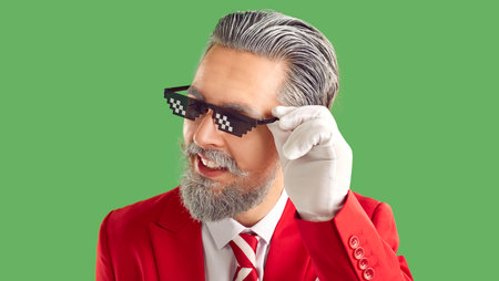 Man in funny costume. Head shot of confident adult man with gray hair and beard in thug life...