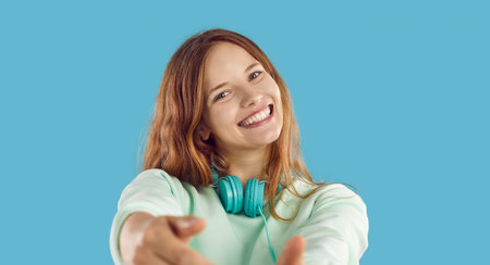 Studio headshot of happy, beautiful woman. Closeup face portrait of charming, pretty, young, blonde...