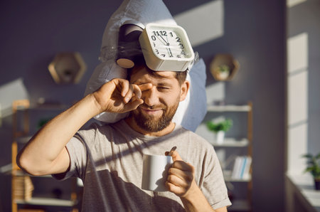 Young man cant wake up for work very early in the morning. Portrait of a man with a pillow and an alarm clock on his head holding his coffee cup and rubbing his sleepy eyes in the bright sunの写真素材