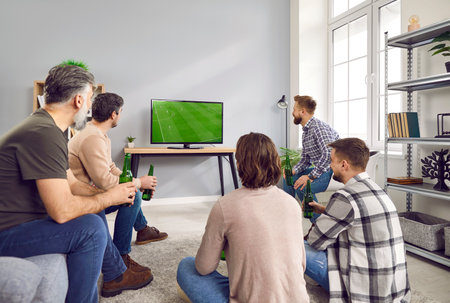 Football fans watching soccer sport match on TV at home. Group of male friends sitting on front of TV, watching sports game and drinking beer. Friendship, sports, entertainment conceptの写真素材