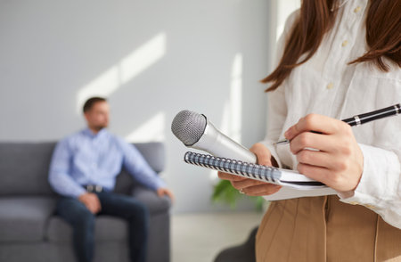 Newspaper journalist or TV correspondent gets ready for interview. Young woman with notebook, pen...
