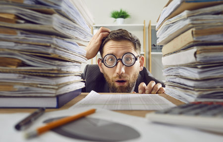 Funny overwhelmed employee overloaded with paperwork in office. Stressed bearded office clerk in glasses sitting behind stacks of binders at desk, scratching his head, Paperwork, deadlineの写真素材