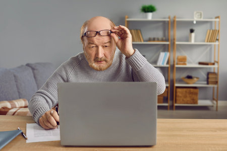 Portrait of senior man looking at laptop screen with his glasses raised. Elderly man in eyewear having eyesight problems using laptop and making notes on paper in living room at homeの写真素材