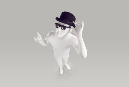Top view portrait of a funny faceless unrecognizable person wearing black hat and glasses in white spandex costume. Incognito man in bodysuit pointing up with index finger isolated on grey backgroundの写真素材