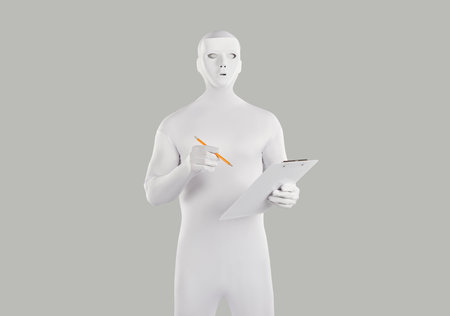 Person holding pencil and clipboard. Young man wearing mask and disguised in white spandex bodysuit holds clip board and pencil in hands, writes something in planner or takes part in anonymous surveyの写真素材