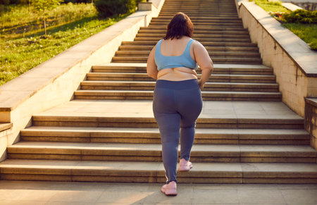 Back view of a overweight fat woman running up the stairs in the summer city park. Plus size girl wearing sportswear jogging outdoors. Weight loss, body positive, sport and fitness lifestyle concept.の写真素材