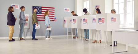 American citizens at polling station. Diverse young and senior multiracial people stand in line and...