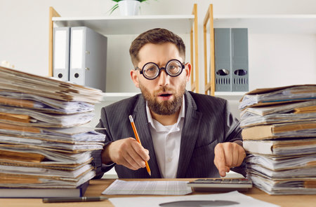 Funny overworked business man in suit and glasses working at the desk on his workplace at office with pile of folders and stack of papers. Tired accountant making calculations analyzing data.の写真素材