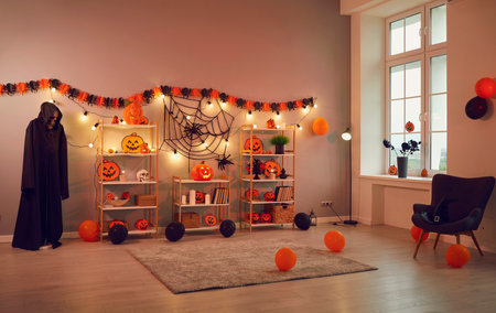 Interior of spacious room in house which is decorated with decorations in Halloween style. Room for Halloween party is decorated with pumpkins, lanterns, cobwebs, spiders, balloons and skeleton.の写真素材