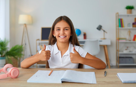 Portrait of smiling preteen schoolgirl with long hair showing thumbs up sitting at desk with copybook and looking at camera. Education, homework, learning, studying at home, homeschooling concept.の写真素材
