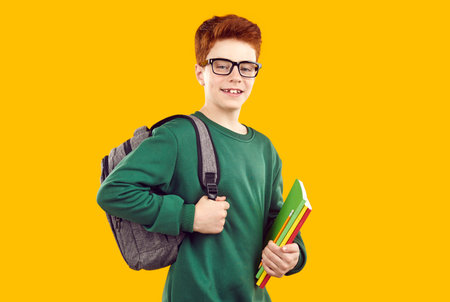 Portrait of happy smiling schoolboy wearing green sweater in glasses holding stack of notebooks in...