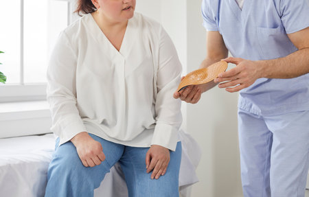Male doctor podiatrist in a medical uniform hands orthotic insoles to a young overweight woman patient to put in her orthopedic shoes. Crop shot. Feet health and flatfoot prevention conceptの写真素材