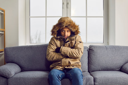 Freezing man in warm jacket sitting on sofa at home. Unhappy warmly dressed young man feeling cold inside house since heating problems or power crisis at cold winter seasonの写真素材
