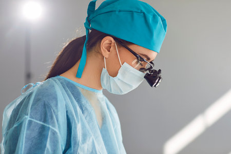 Close up portrait of a skilled woman surgeon, adorned in a face medical mask and specialized...