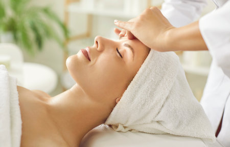 Female masseur hands making face relaxing massage to a young girl client lying with closed eyes in beauty salon or cosmetology cabinet. Professional cosmetologist making massage for woman in spa.の写真素材