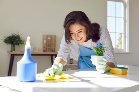 Female cleaner, happy housewife, woman polishing table top with cloths, spray, professional cleaning...