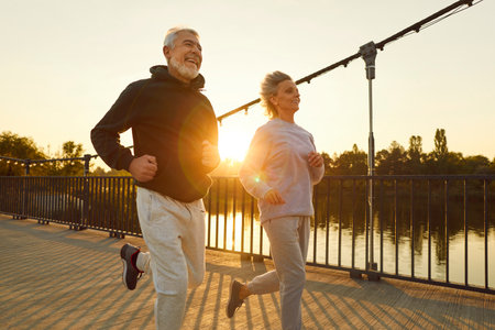 Sporty senior smiling couple in sportswear jogging along a bridge in park having sport workout at sunset. Elderly man and woman running outdoors. Jog workout in nature for retired people concept.の写真素材