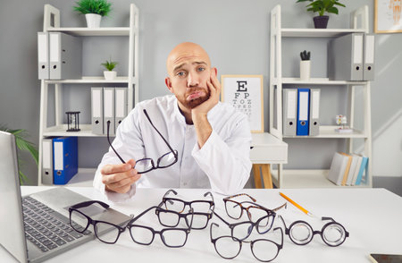 Sad man ophthalmologist doctor is sitting in the office, holding eyeglasses. Despite his demeanor,...