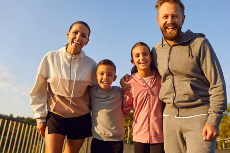 Portrait of a happy smiling sporty family with children wearing sportswear looking cheerful at camera after workout in the city park. Outdoors training and family fitness in nature concept.の写真素材