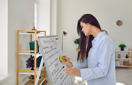 Side view portrait of young business woman standing in office next to white board with weekly plans...