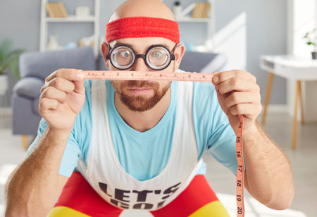 Funny sportsman with comic expression takes measurements with measuring tape before training at...