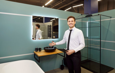 Portrait of happy smiling young salesman standing in plumbing shop and looking cheerful at camera. Mam seller working in modern bathroom interior at building market or big shopping mall.の写真素材