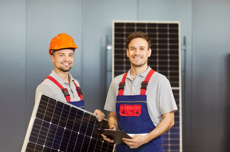 Portrait of happy smiling male workers and electrical engineers in uniform and safety helmet holding solar panel indoors working at construction site. Green sun energy and renewable ecology concept.の写真素材