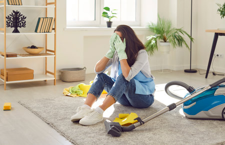 Portrait of upset woman sitting on the floor in the living room at home next to vacuum cleaner covering her head with hands tired of housework. Exhausted girl frustrated with much housework.の写真素材