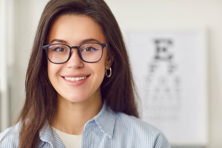 Portrait of young woman with beautiful smile looking at camera and wearing eyeglasses in the...
