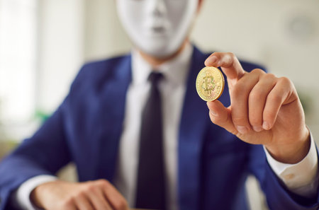 Anonymous business man in a suit and face mask holds a golden symbolic bitcoin in his hand, offers a safe exchange transaction and guarantees privacy. Selective focus close up. Crypto currency conceptの写真素材