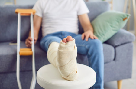 Broken leg in a cast on a white chair, close-up. A man in a bandage and with crutches sits on the couch at home, shallow focus,. Medical care for injury. Consultation in traumatology.の写真素材
